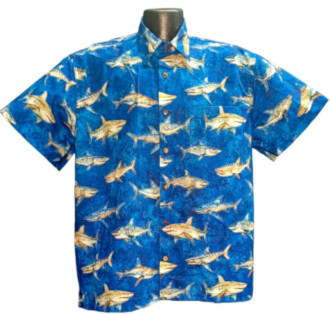 Blue Shark Hawaiian shirt- Made in USA- 100% Cotton